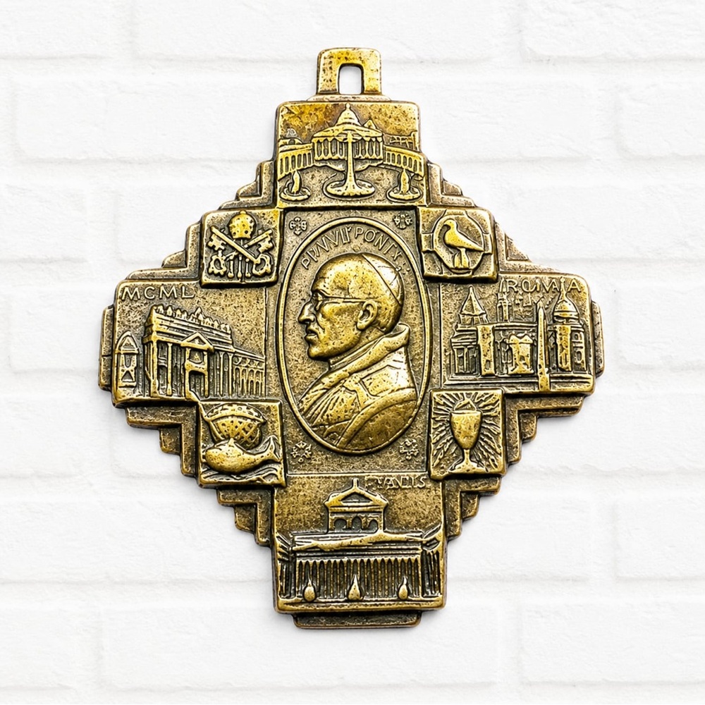 Vintage 1950 Pope Pius XII Holy Year Medal Catholic Cross Pendant Religious